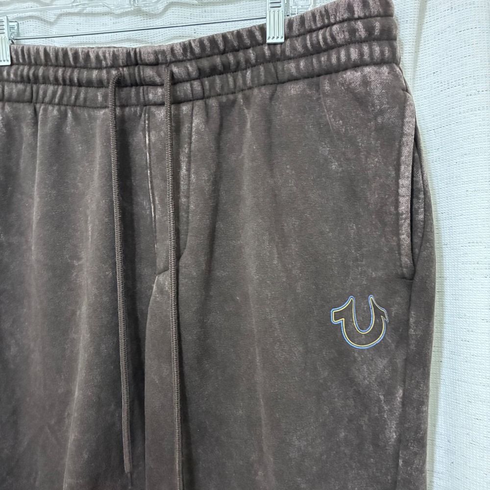 True Religion Mens Brown Acid Wash Fleece Jogger Sweatpants XL Horseshoe Logo